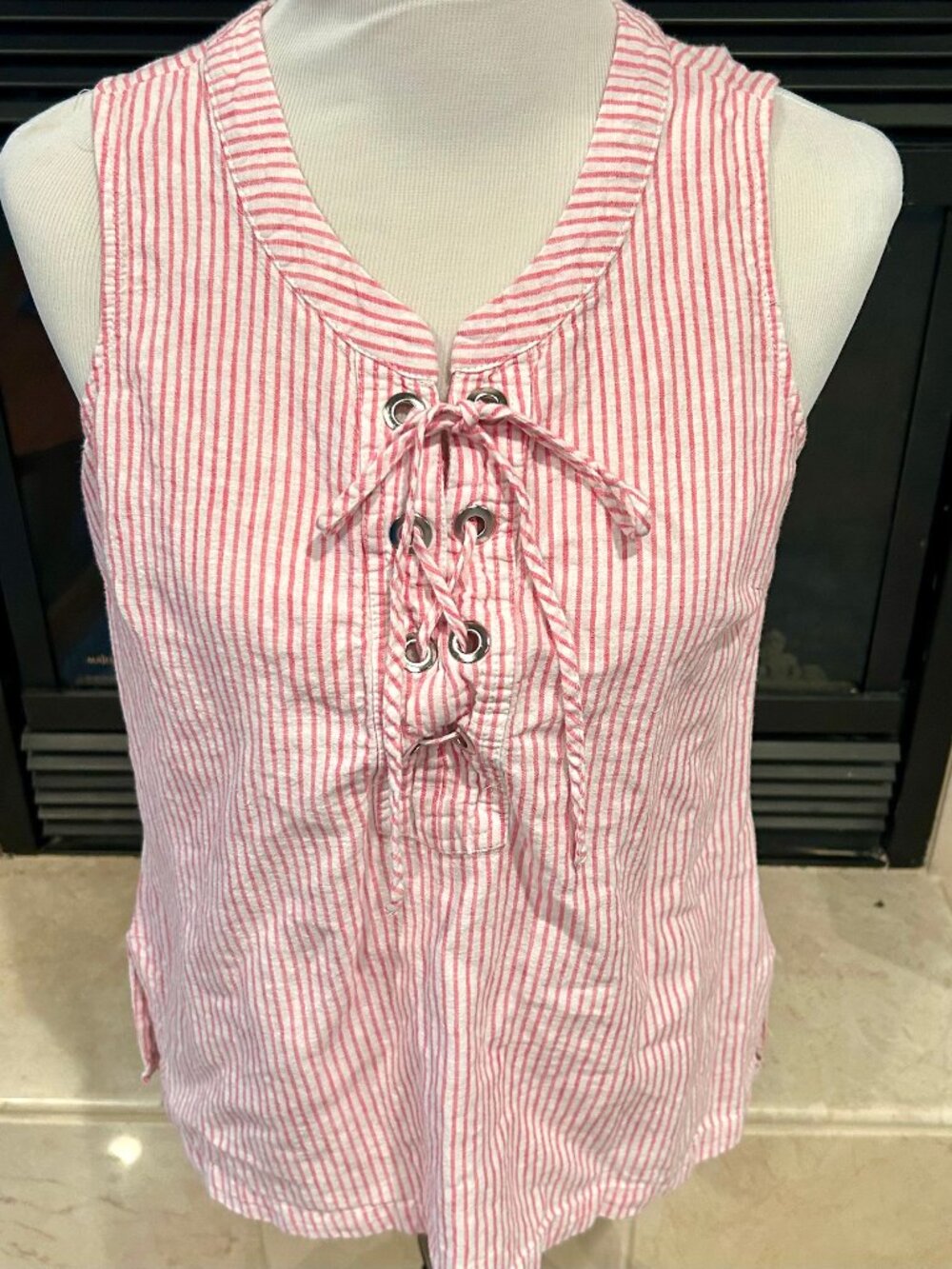 Lulu-B Pink and White Stripe Sleeveless V-Neck Blouse